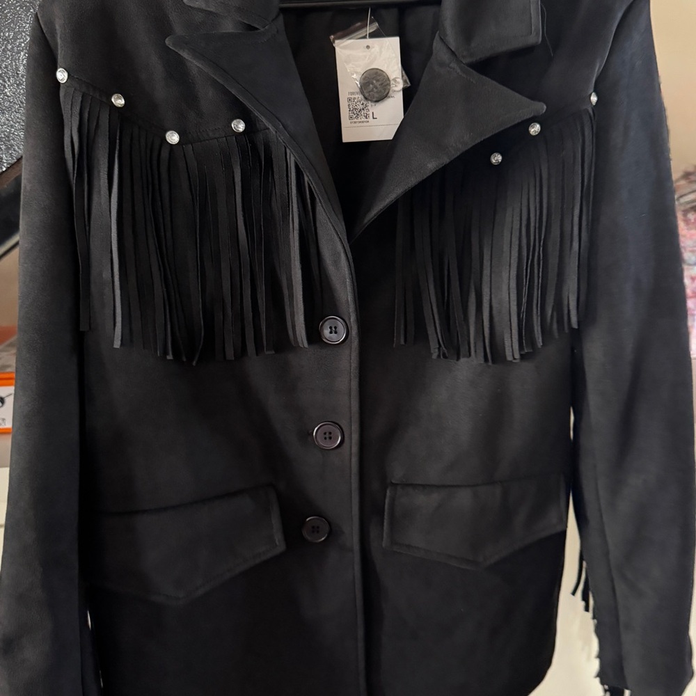 Forever 21 Black Faux Suede Fringe Rhinestone Women's Jacket